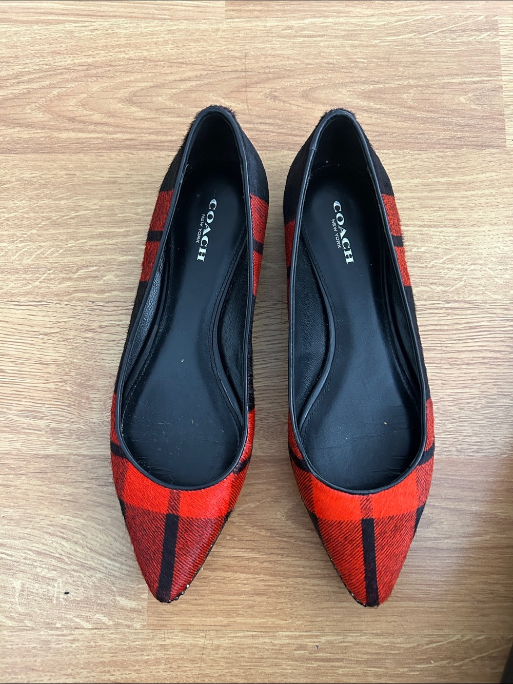 Coach Red and Black Plaid Pointed Toe Reeves Plaid Calf Hair Flats